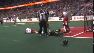 NLL Ouch amp Ouch Saskatchewan Rushs Zack Greer takes punch then ball to the face [upl. by Noizneb84]