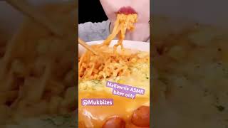 Mellawnie ASMR cheesy carbo noodles fried sausages mukbang bites only shorts viral fyp new food [upl. by Tuddor]