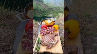 Steak with Mie Instant🇮🇩 on the mountain on Swedish Fire Log asmr indonesia cooking outdoors [upl. by Ynobe]