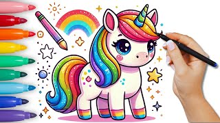 Drawing painting coloring nice unicorn for kids How to draw Kawaii cute drawings Easy to draw [upl. by Iaka]