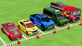 TRANSPORTING POLICE CARS AMBULANCE VEHICLES FIRE DEPARTMENT WITH TRUCKS  Farming Simulator 22 [upl. by Branch]