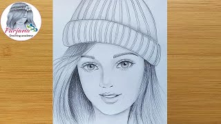 How to draw a girl wearing winter cap for beginners  Pencil sketch  bir kız nasıl çizilir [upl. by Deedahs]