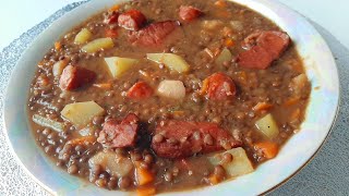 Soupe de lentilles aux saucisses fumées kassler et pommes de terre Recette ALLEMANDE [upl. by Prent]