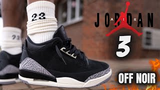 JORDAN 3 OFF NOIR DETAILED REVIEW amp ON FEET W LACE SWAPS [upl. by Regazzi]