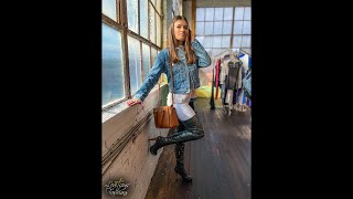 FASHION MODEL ACTRESS MADISON HODGES ESSEX GREEN LEATHER THIGH BOOTS ANTIQUE SHOPPING IN COLUMBIA PA [upl. by Esirahs211]