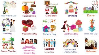 Holidays and Special Events Vocabulary Words  List of Holidays in English [upl. by Lonnard]