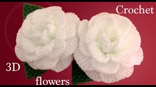 Como hacer flores en 3D Camelias a Crochet con hojas tejido tallermanualperu [upl. by Boar]