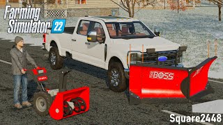 Plowing Snow With NEW Boss V Plow Ford F250  FS22 [upl. by Bowler120]