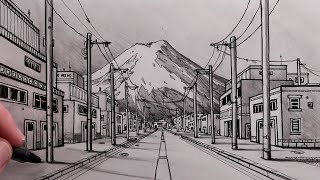 How to Draw a Road in OnePoint Perspective and Street View of Mt Fuji Fast [upl. by Bail]