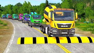 Double Flatbed Trailer Truck vs speed bumpsBusses vs speed bumpsBeamng DriveBEAMNG4K9 [upl. by Norbert]