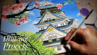 Pintando Arquitectura Japonesa  Castillo de Osaka en Óleo Timelapse [upl. by Akiaki]