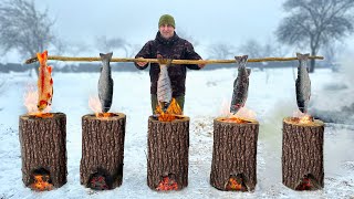 Caught And Cooked Trout Inside Logs Life In The Distant Snowy Mountains [upl. by Rodmann]