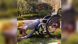 Amazing Young Paraplegic Girl Transfer From Grass to Wheelchair  Handicap [upl. by Ynehpets448]