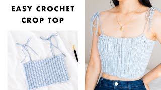 Easy Crochet Crop Top  How to crochet a Ribbed Singlet with Tie Straps [upl. by Maddock]