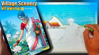 Easy Village Scenery Drawing with Oil pastel  Step by step cor beginners [upl. by Anma]