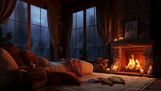 Nighttime Thunderstorm Haven  Fireside Comfort with Rain Fireplace and Sleeping Cat [upl. by Ander]