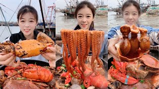 The female fishermen eat giant squid octopus conch prawns oysters and abaloneyummy eatingshow [upl. by Llorrac]