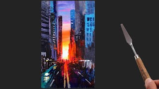 Abstract Cityscape Painting Easy  Acrylic Sunset painting tutorial  Day 300 [upl. by Rustice901]