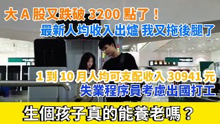 生個孩子真的能養老嗎？大A股又跌破3200點了。最新人均收入出爐，我又拖後腿了。失業程序員考慮出國打工。 [upl. by Ventura]