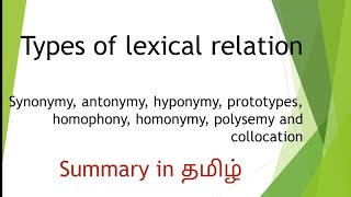 lexical realationsynonym antonyms hyponymyprototypes homophony homonymypolysemycollocation [upl. by Malaspina]