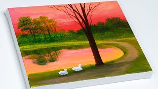 Sunset Painting  Sunset Landscape Painting  Aham Art [upl. by Lenahc]