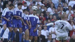 Football Classics David Beckhams free kick goal vs Greece [upl. by Ahsieka]