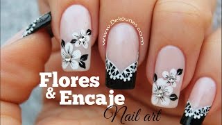 Decoracion de uñas FACIL flores y encaje  Lace and flowers easy nail art [upl. by Alber]