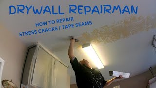 How to repair stress crack in ceiling How to repair tape seam in sheetrock Drywall repair garage [upl. by Waterman]