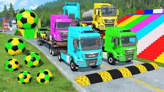 Double Flatbed Trailer Truck vs Speedbumps Train vs Cars  Tractor vs Train BeamngDrive 0176 [upl. by Nylidnam2]