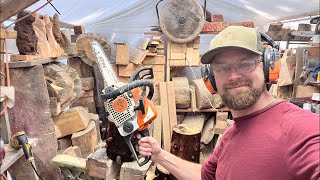 Kyle Hall woodworker is chainsaw carving pumpkins [upl. by Onitnerolf]