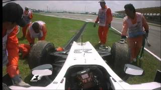 Man gets hit by Hispania Racing Teams F1 car at its top speed [upl. by Bedad782]