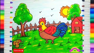 Rooster on a Beautiful Farm  Easy Drawing amp Coloring [upl. by Derron]