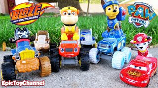 Blaze and the Monster Machines Race Disney Cars Lighting McQueen Paw Patrol In Real Life Kids Video [upl. by Eissim]