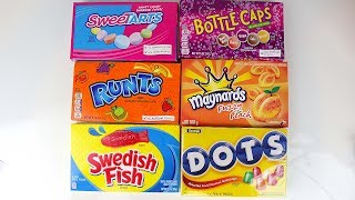 Movie Theater Candy Unboxing Runts Fuzzy Peach Swedish Fish Dots Bottle Caps Sweetarts Boxed Treats [upl. by Linell606]