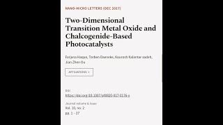 TwoDimensional Transition Metal Oxide and ChalcogenideBased Photocatalysts  RTCLTV [upl. by Ecienaj]