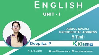 Abdul Kalam Presidential Address  Engineering English by Deepikap  BTech Tutorials  KlassPM [upl. by Venola]