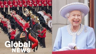 Queens Platinum Jubilee Trooping the Colour parade military pageant to Buckingham Palace  FULL [upl. by Cresida581]