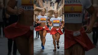 Two spanish Female Bodybuilders running in Parma city ParmaTuristas [upl. by Llecrep]