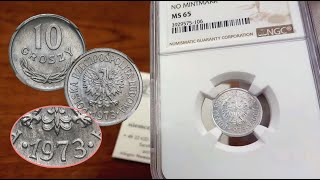 NAJRZADSZA MONETA PRL 10 groszy 1973 aluminium BEZ ZNAKU mennicy NGC MS65  Aukcja 26 Niemczyk [upl. by Ellened]