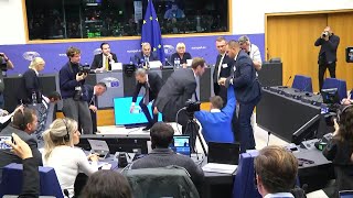 Protester interrupts Viktor Orbans speech at the European Parliament  AFP [upl. by Astrahan967]