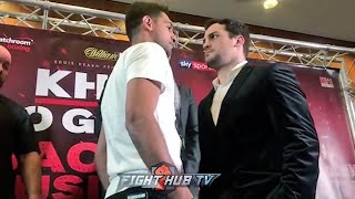 AFTER ALMOST BRAWLING AMIR KHAN AND PHIL LO GRECO HAVE INTENSE FACE TO FACE STARE DOWN AT PRESSER [upl. by Zurkow]