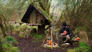 Building wood survival shelter in wildlands  Bushcraft amp Campfire grilled meat [upl. by Ettennaj887]