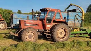 Fiat 1380 John Deere 3760 trailed forage harvester Ford 6810 on trailer Grass July 2021 [upl. by Sirehc]