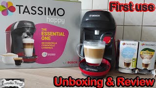 Bosch Tassimo Happy coffee maker first use  Unboxing amp Review How to use [upl. by Nilyram]