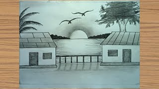 Sunset landscape drawing with pencil  How to draw landscape [upl. by Caye]