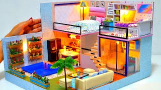 DIY Miniature Cardboard Box Dollhouse  4  Dreamhouse mansion with real swimming pool 2 bedrooms [upl. by Shiroma104]