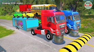 Double Flatbed Trailer Truck vs speed bumpsBusses vs speed bumpsBeamng Drive974 [upl. by Neruat]