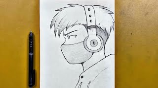 Easy anime sketch  how to draw a cool boy wearing headphones stepbystep [upl. by Chara]