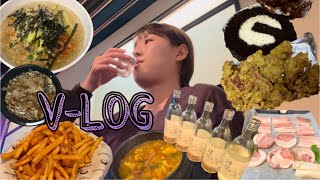 먹방 VLOG 식단하다 폭식 과음엔딩 알싸한 마늘치킨 티라미수 롤케익 급냉 삼겹살 오코노미야끼 역할맥 [upl. by Midas930]