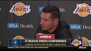 JJ Redick POSTGAME INTERVIEWS  Los Angeles Lakers defeat Minesota Timberwolves 110103 [upl. by Aneerhs153]